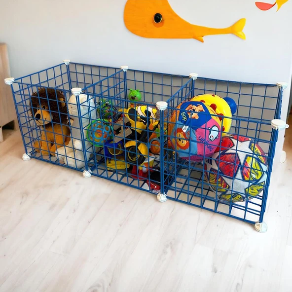 3 Bölmeli Tel Küp Çok Amaçlı Organizer Raf Mavi 33cm Mutfak, Oyuncak, Kiler, Depolama Rafı
