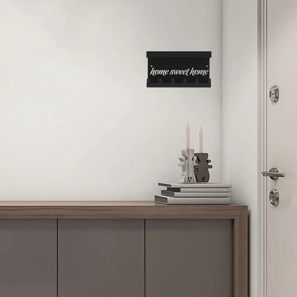 Siyah Raflı Anahtarlık - Home Sweet Home Temalı Kapı Girişi Duvar Askılığı - 13
