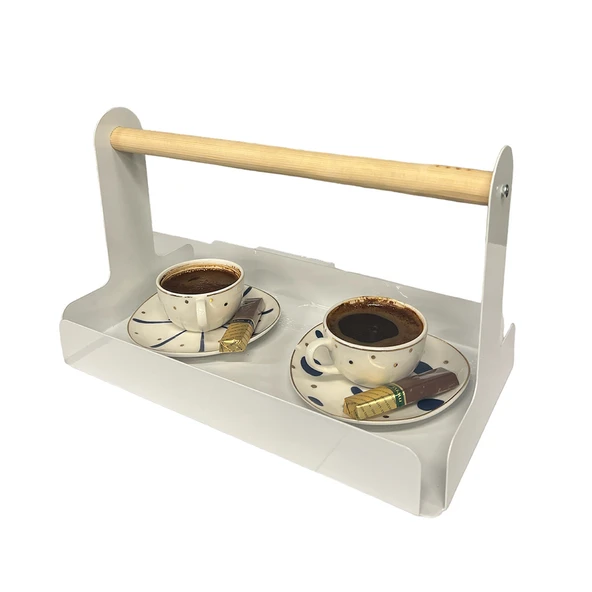 Ahşap Saplı Beyaz 30x17cm Metal Servis, Sunum, Dekoratif Tepsi - 4