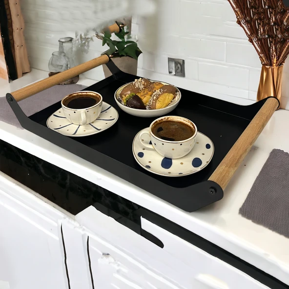 AHŞAP SAPLI 40X25 DEKORATİF METAL TEPSİ SİYAH, SUNUM, DEKORATİF TEPSİ - 8