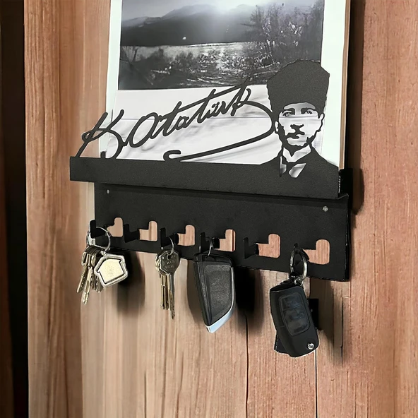 Atatürk Tasarımlı Duvar Askılı Anahtarlık ve Mektup Rafı Model-1 - Siyah - 11
