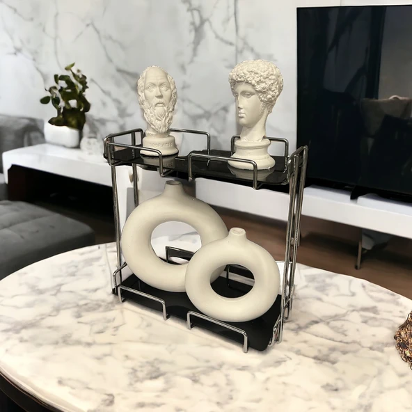 2 Katlı 28x14 Gümüş Banyo ve Kozmetik Düzenleyici - Çift Katlı Sunum ve Servis Tepsisi - 2