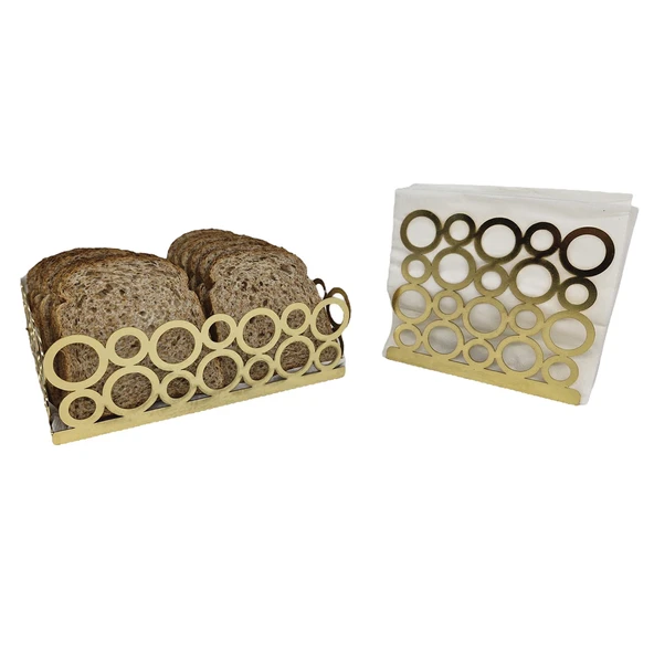 Gold Renk 2'li Set Ekmek Sepeti ve Peçetelik - 2