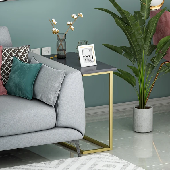 Narin Yan Sehpa, Metal Ayaklı Çok Amaçlı Yan Sehpa Antrasit/Gold - 5