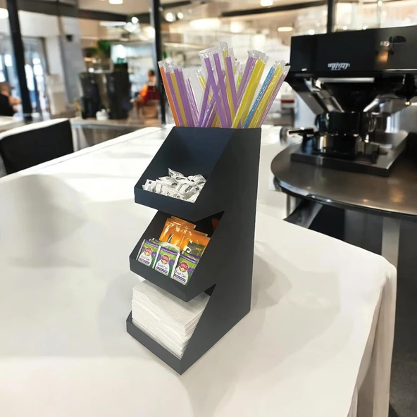 3 Katlı 5 Bölmeli Metal Pipet, Peçetelik, Şekerlik Siyah Organizer Stand Model - 3 - 8