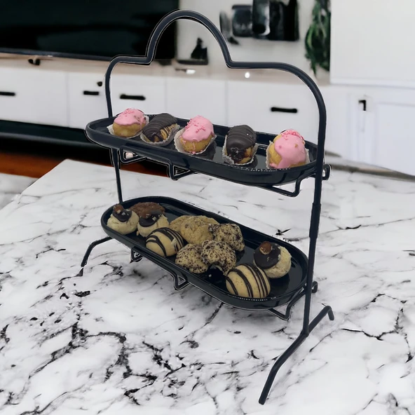 2 Katlı Siyah Melamin 13x32cm Metal Sunum Standı – İkram ve Servis İçin Model 1 Siyah - 9