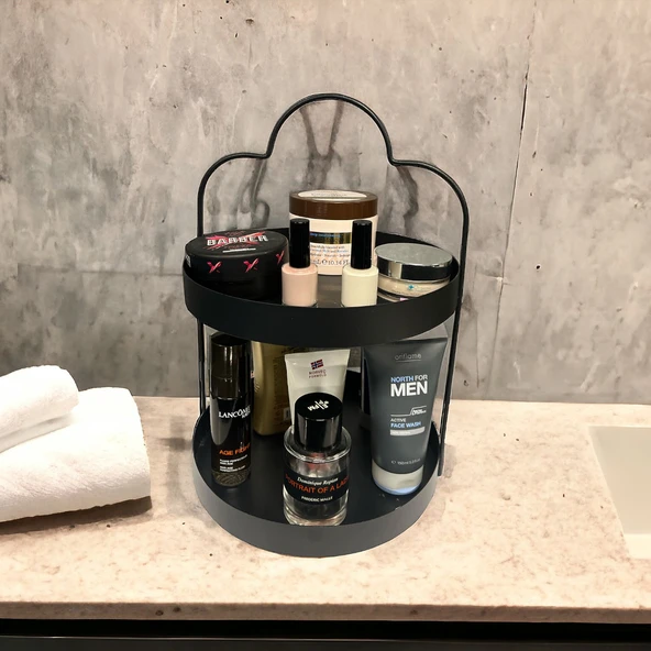 24 cm Yuvarlak Siyah İki Katlı Banyo Mutfak Makyaj Organizer Rafı Model 1 - 11