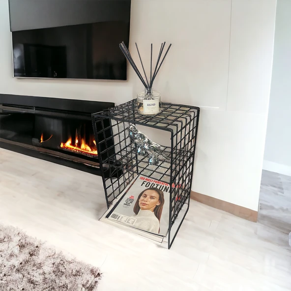 İskandinav Tarzı Siyah Metal Hasır Tel Sehpa - 5