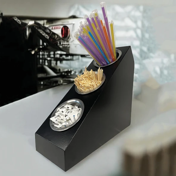 3 Katlı Pipetlik Karıştırıcı Şeker Çatal Bıçak Kaşıklık Organizer Kafe Restoran Ürün Düzenleyici Siyah Stand - 4