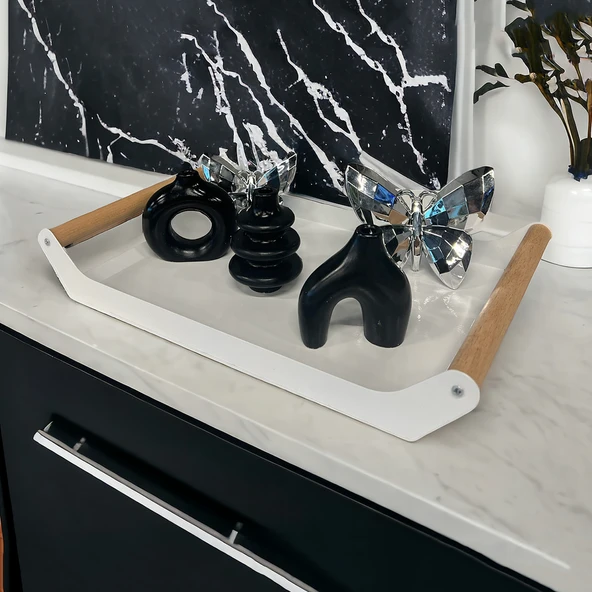 AHŞAP SAPLI 40X25 DEKORATİF METAL TEPSİ BEYAZ, SUNUM, DEKORATİF TEPSİ - 9