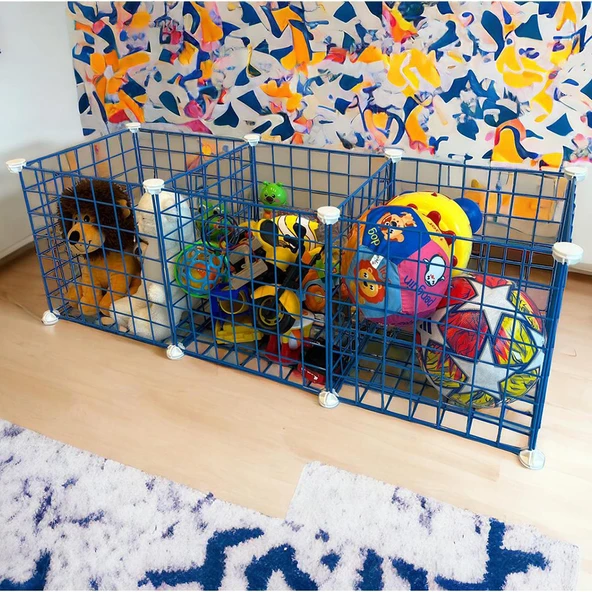 3 Bölmeli Tel Küp Çok Amaçlı Organizer Raf Mavi 33cm Mutfak, Oyuncak, Kiler, Depolama Rafı - 8