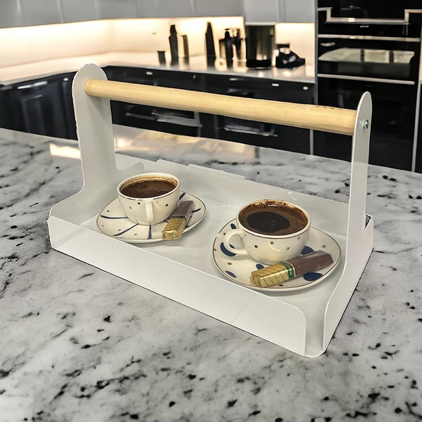 Ahşap Saplı Beyaz 30x17cm Metal Servis, Sunum, Dekoratif Tepsi - 7