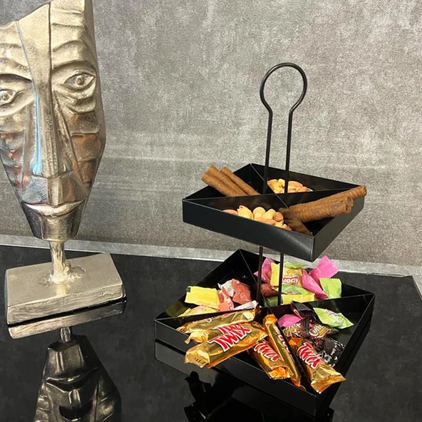 2 Katlı Dekoratif Siyah Metal Çerezlik / Peynir Sunum Servis Tabağı - Lokumluk / Makaron, Pankek ve Tatlı Sunumu İçin - 7