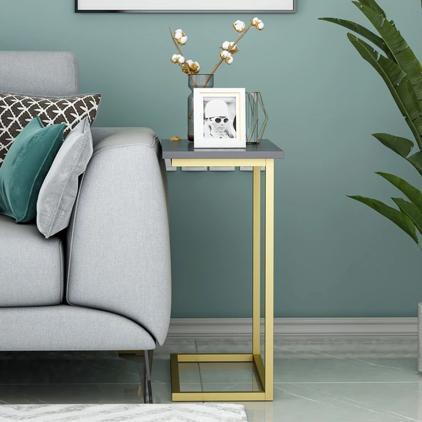 Narin Yan Sehpa, Metal Ayaklı Çok Amaçlı Yan Sehpa Antrasit/Gold - 3