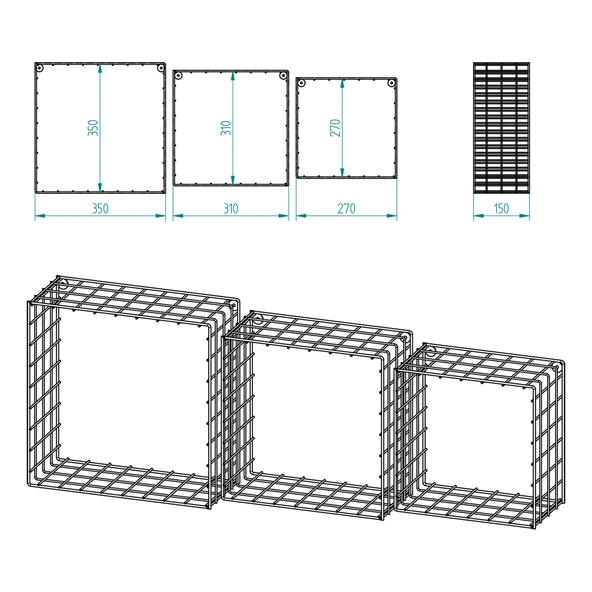 3'lü Set Siyah Tel Hasır Duvar Rafı 35/31/27 - 10