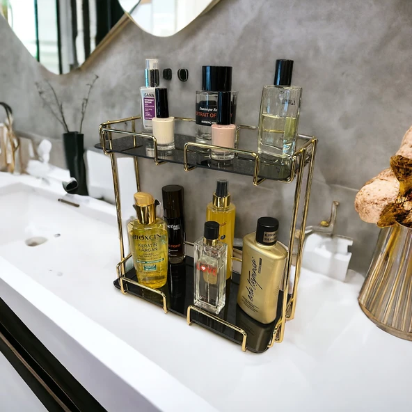 2 Katlı 28x14 Gold Banyo ve Kozmetik Düzenleyici - Çift Katlı Sunum ve Servis Tepsisi - 8