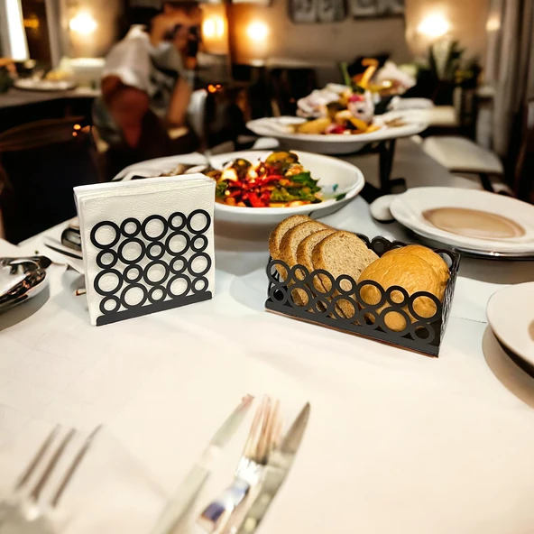 Siyah Renk 2'li Set Ekmek Sepeti ve Peçetelik - 5