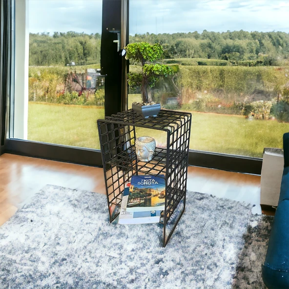 İskandinav Tarzı Siyah Metal Hasır Tel Sehpa - 6