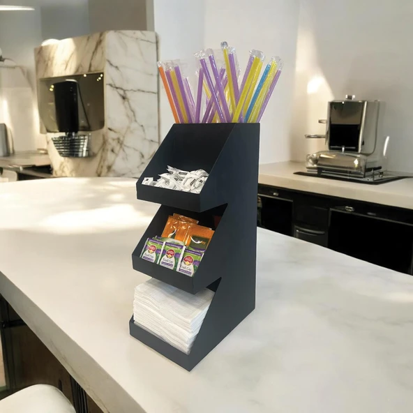 3 Katlı 5 Bölmeli Metal Pipet, Peçetelik, Şekerlik Siyah Organizer Stand Model - 3 - 6