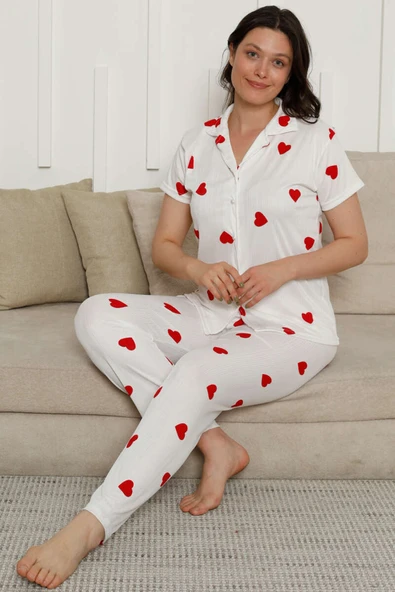 Kalp Desenli Kısa Kol Pijama Takım Kırmızı Kalpli