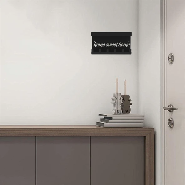 Siyah Raflı Anahtarlık - Home Sweet Home Temalı Kapı Girişi Duvar Askılığı - 3