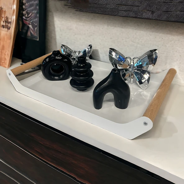 AHŞAP SAPLI 40X25 DEKORATİF METAL TEPSİ BEYAZ, SUNUM, DEKORATİF TEPSİ - 8