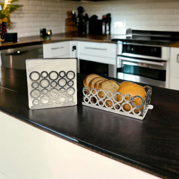 Gümüş Renk 2'li Set Ekmek Sepeti ve Peçetelik - 11