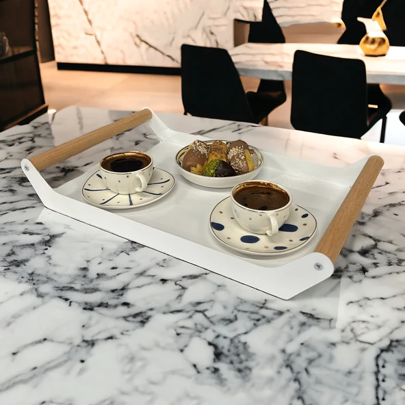 AHŞAP SAPLI 40X25 DEKORATİF METAL TEPSİ BEYAZ, SUNUM, DEKORATİF TEPSİ