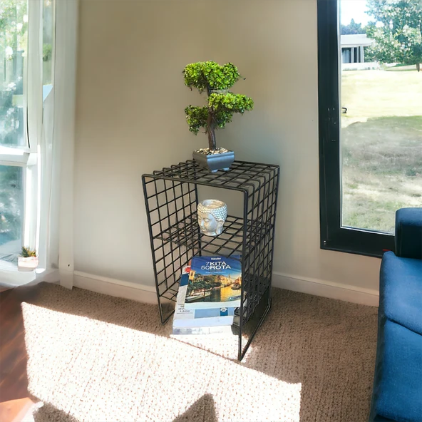 İskandinav Tarzı Siyah Metal Hasır Tel Sehpa - 3