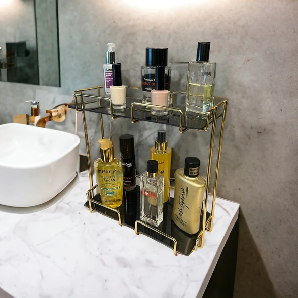 2 Katlı 28x14 Gold Banyo ve Kozmetik Düzenleyici - Çift Katlı Sunum ve Servis Tepsisi - 11