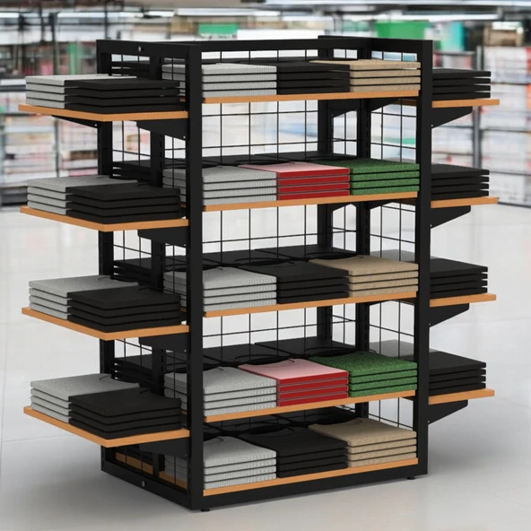 80X60 Dört Taraflı Metal Siyah Stand Bambu Raflı Ve Yan Modül Raflı Set - 2