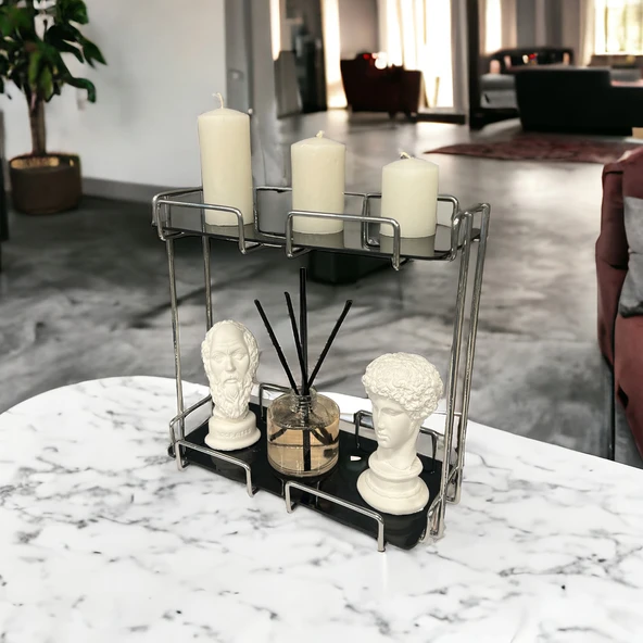 2 Katlı 28x14 Gümüş Banyo ve Kozmetik Düzenleyici - Çift Katlı Sunum ve Servis Tepsisi - 22