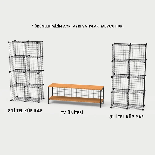 Bambu Ahşap ve Metal Detaylı TV Ünitesi & Sekizli Tel Küp Raf Sistemi - Modern Tasarım Model-1 - 3
