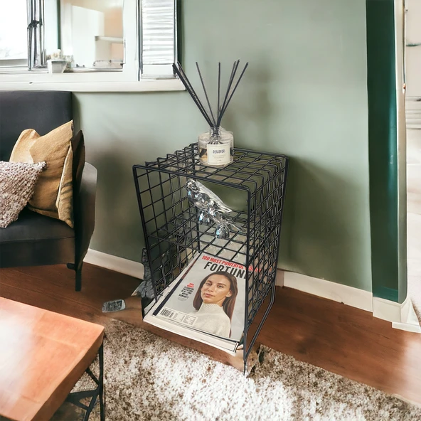 İskandinav Tarzı Siyah Metal Hasır Tel Sehpa - 2