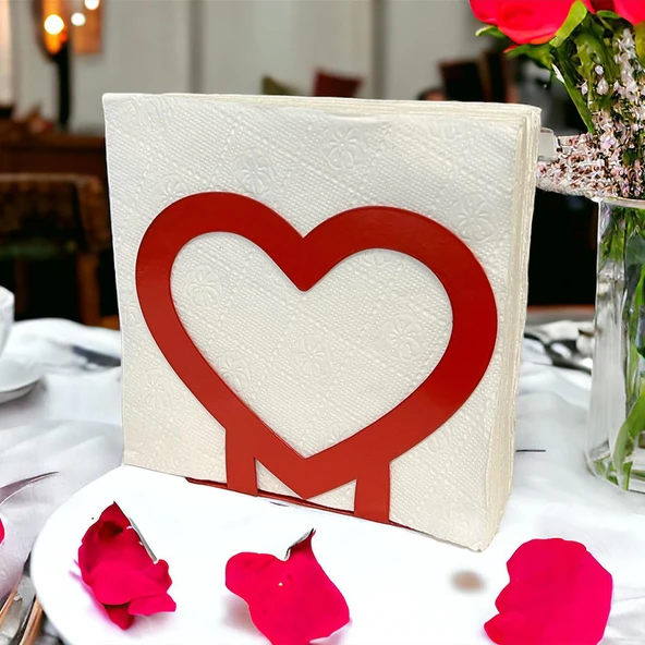 Kalp Temalı Kırmızı Metal Peçetelik - 3