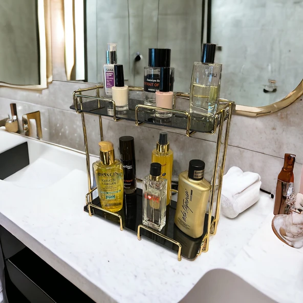 2 Katlı 28x14 Gold Banyo ve Kozmetik Düzenleyici - Çift Katlı Sunum ve Servis Tepsisi - 12