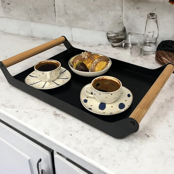 AHŞAP SAPLI 40X25 DEKORATİF METAL TEPSİ SİYAH, SUNUM, DEKORATİF TEPSİ - 5