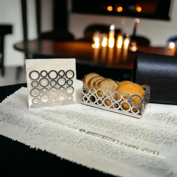 Gümüş Renk 2'li Set Ekmek Sepeti ve Peçetelik - 10