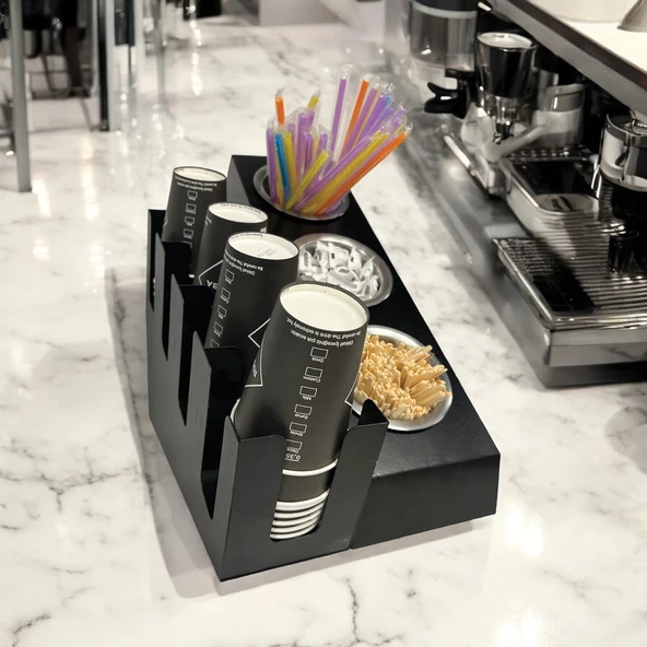 4 Bölmeli 16Oz ve 3 yuvalı Basamaklı Kahve Standı Düzenleyici Organizer Siyah Renkli Çok Bölmeli Kafe ve Self-Servis İçin Pratik Organizatör