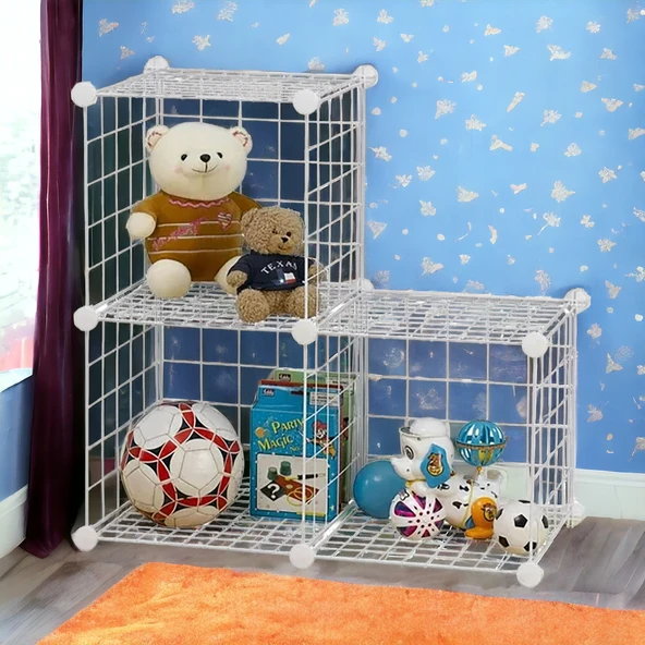 3 Bölmeli Tel Küp Çok Amaçlı Organizer Raf Beyaz 33cm Mutfak, Oyuncak, Kiler, Depolama Rafı - 9