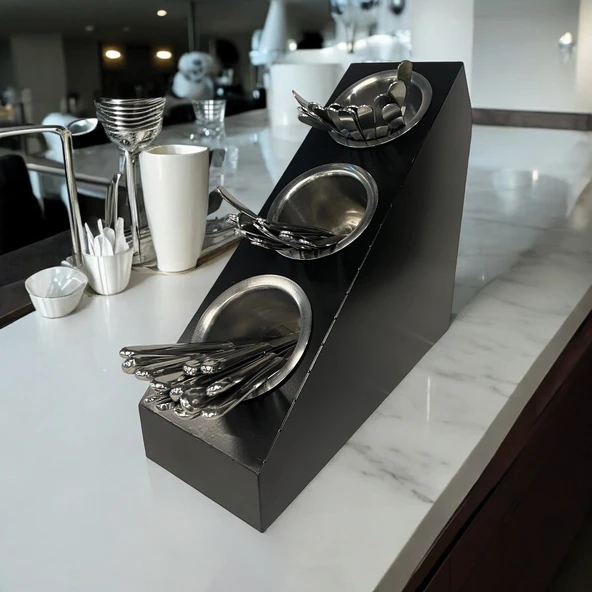 3 Katlı Pipetlik Karıştırıcı Şeker Çatal Bıçak Kaşıklık Organizer Kafe Restoran Ürün Düzenleyici Siyah Stand - 2