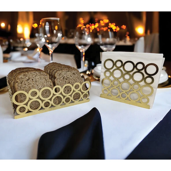 Gold Renk 2'li Set Ekmek Sepeti ve Peçetelik - 9