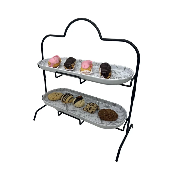 2 Katlı Beyaz Gümüş Zemin Mermer Desenli Melamin 13x32cm Metal Sunum Standı – İkram ve Servis İçin Model 1 Siyah - 6