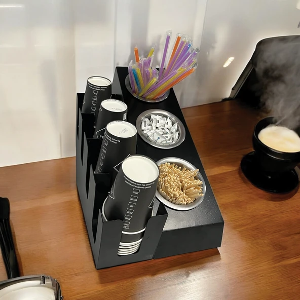 4 Bölmeli 16Oz ve 3 yuvalı Basamaklı Kahve Standı Düzenleyici Organizer Siyah Renkli Çok Bölmeli Kafe ve Self-Servis İçin Pratik Organizatör - 3