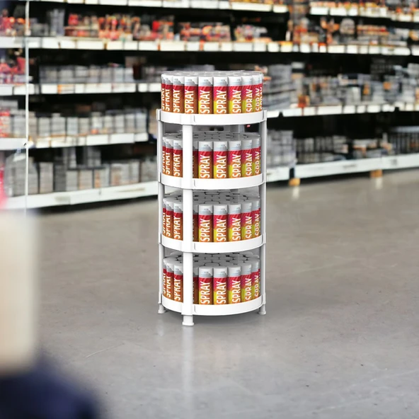 4 Raflı Oval Standlı Beyaz Sprey ve Aerosol Teşhiri
