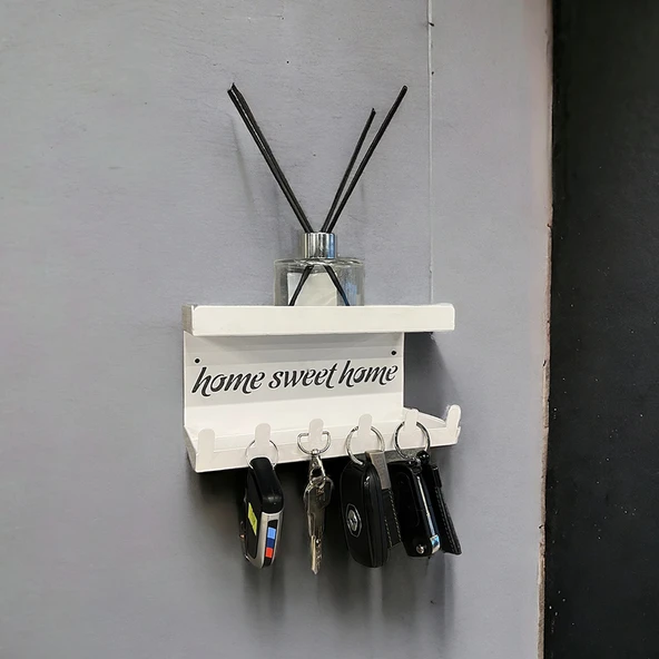 HOME SWEET HOME Duvara Monte Raflı ve 6 Kancalı Anahtarlık Askılık - Beyaz - 17