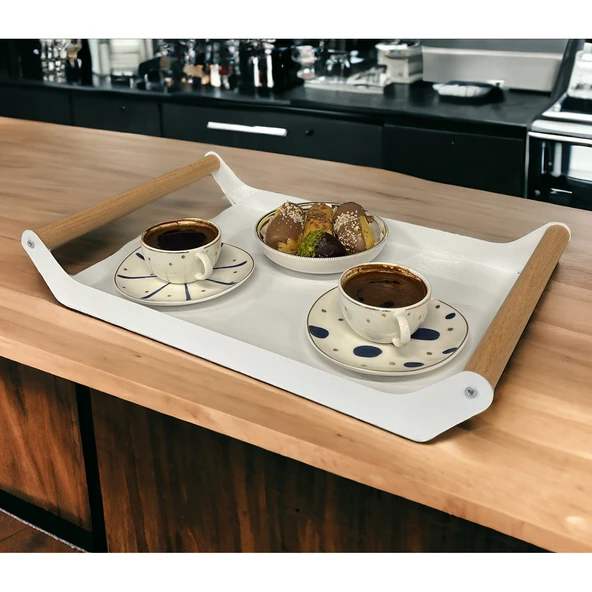 AHŞAP SAPLI 40X25 DEKORATİF METAL TEPSİ BEYAZ, SUNUM, DEKORATİF TEPSİ - 7