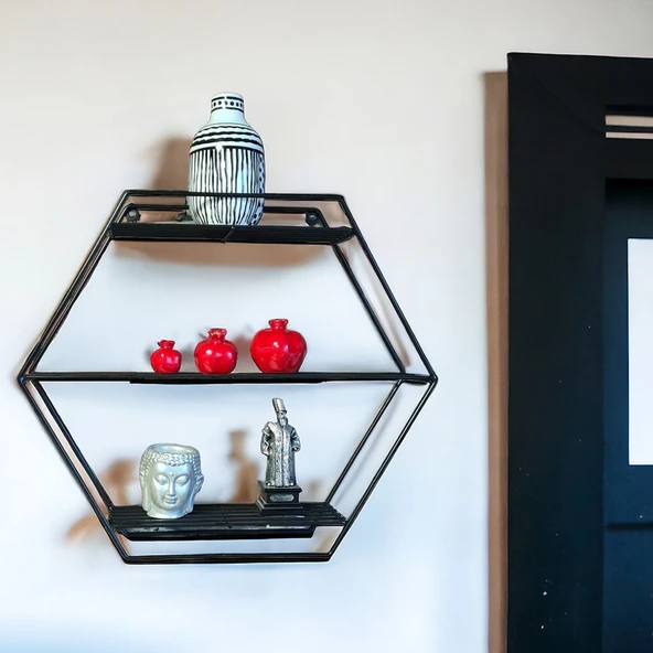 Modern Dekoratif Siyah Altıgen Duvar Rafı