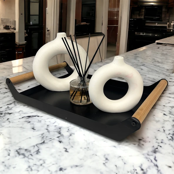 AHŞAP SAPLI 40X25 DEKORATİF METAL TEPSİ SİYAH, SUNUM, DEKORATİF TEPSİ - 7