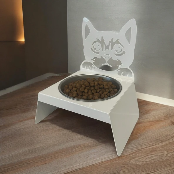 Sevimli Kedi Tasarımlı, Ergonomik Beyaz Kedi ve Köpek Mama ve Su Kabı Tekli Small Model – Paslanmaz Çelik, Dayanıklı Malzeme - Resim 6